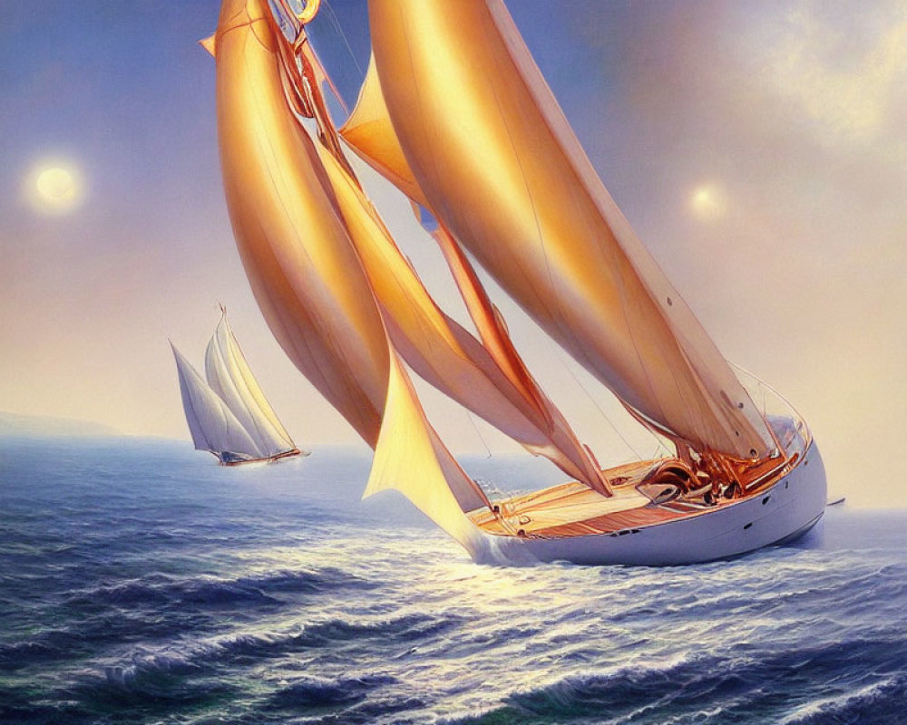 Golden-sailed sailboat among white-sailed boats on water