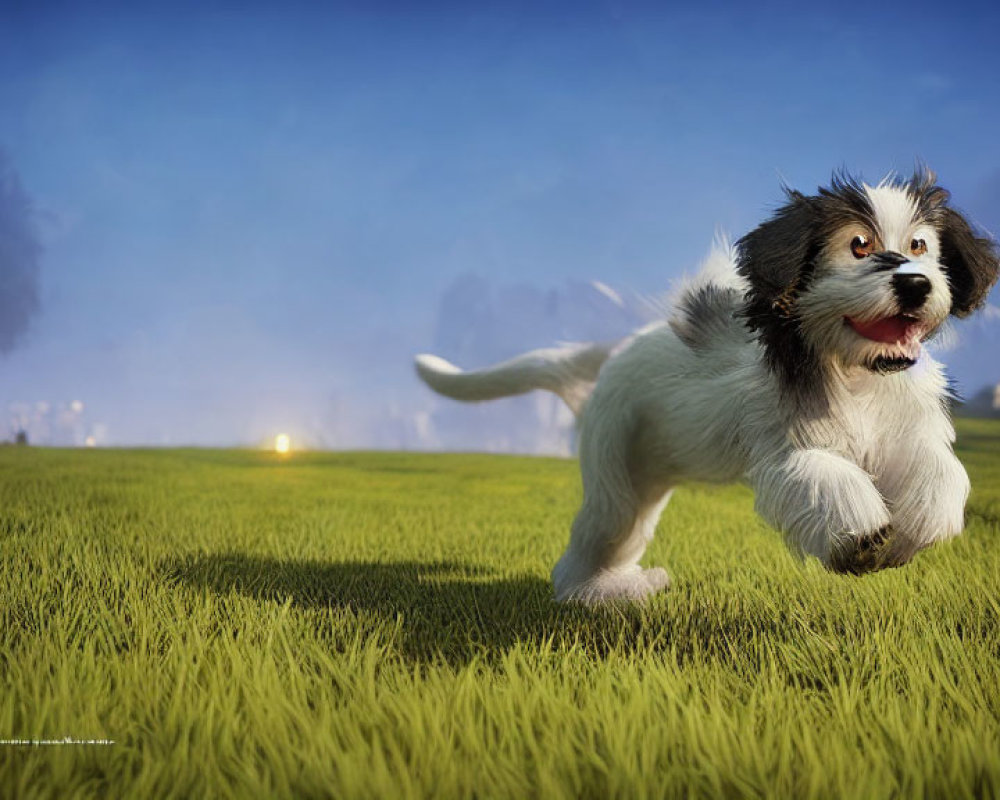 Playful black and white puppy in green field with trees and blue sky