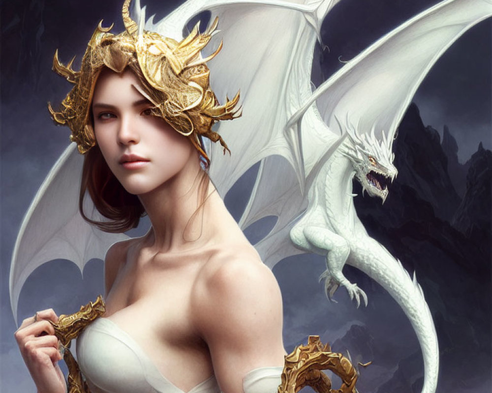 Woman with golden crown and white dragon in elegant fantasy pose