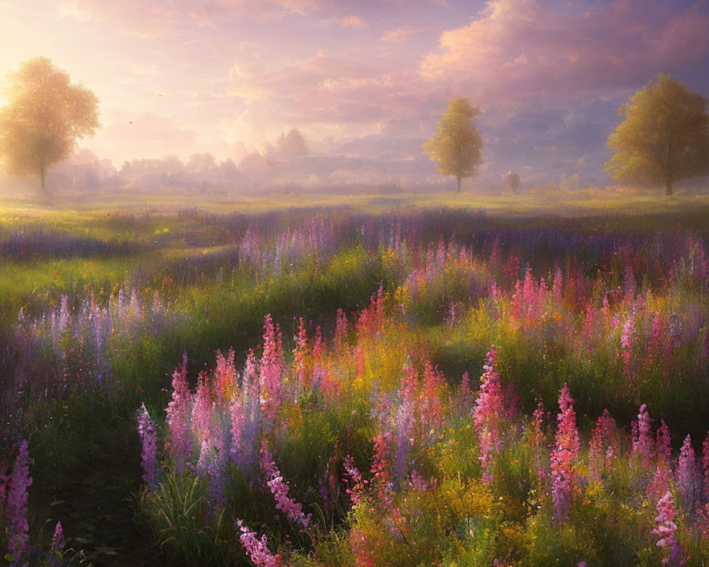 Tranquil meadow with colorful wildflowers at sunrise.