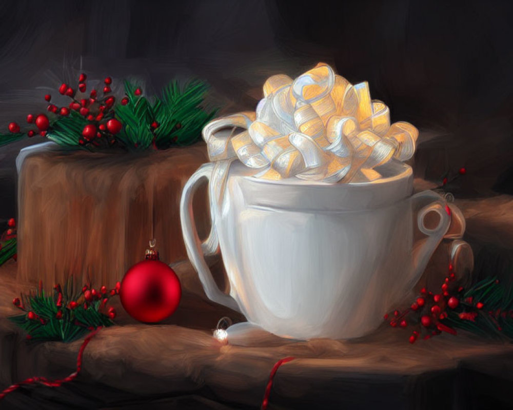 Festive white mug with marshmallows, pine branches, and Christmas decor