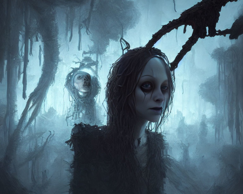 Eerie depiction of pale-faced figures in dark forest