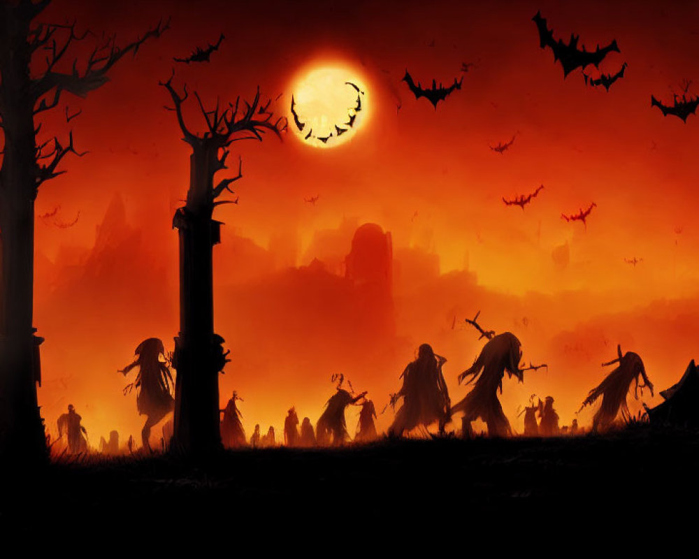 Silhouettes of witches, bats, and trees in Halloween scene