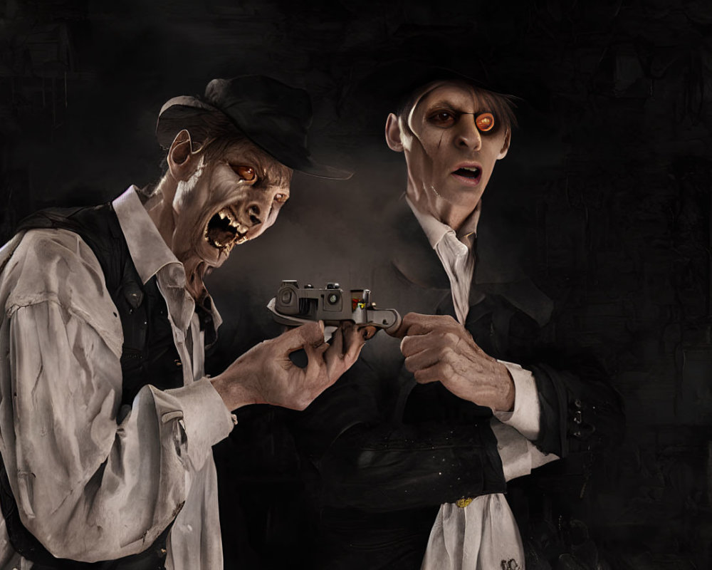 Vintage Attire Zombie-Like Characters with Revolver in Dark Setting