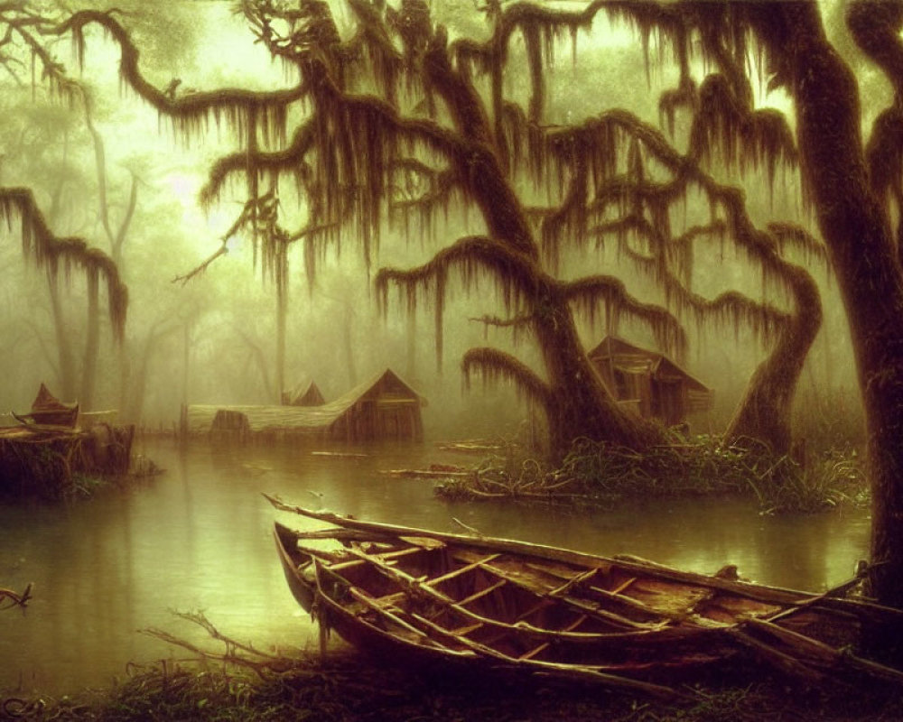 Moss-covered trees and wooden huts in eerie swamp