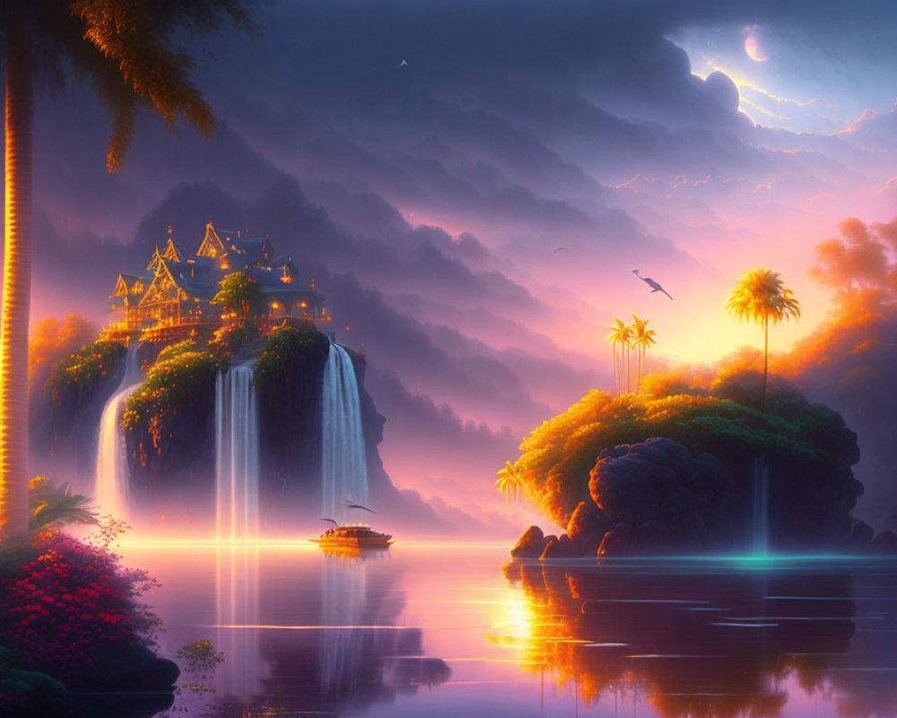 Majestic waterfalls, glowing palace, vibrant flora in serene fantasy landscape