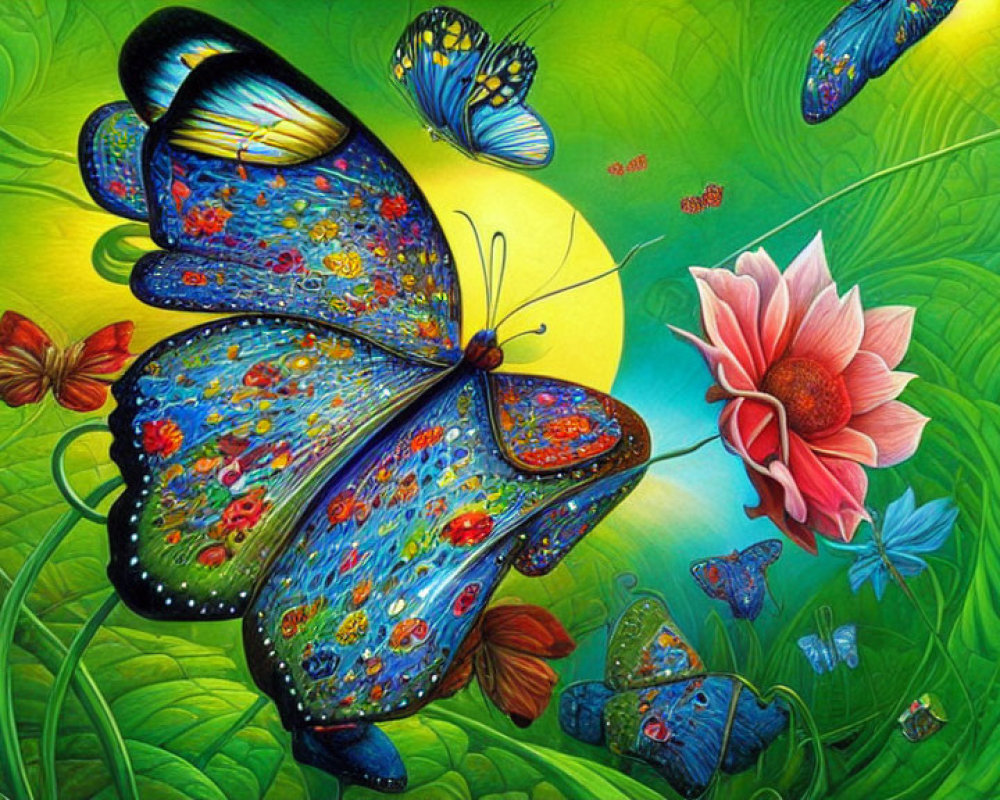 Colorful Butterfly Artwork with Intricate Patterns and Foliage