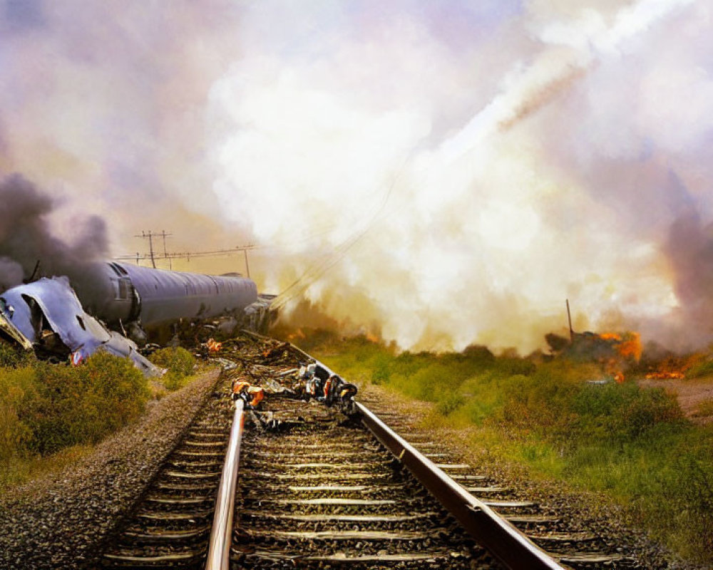 Train derailment scene with smoke, overturned carriages, and emergency response personnel.