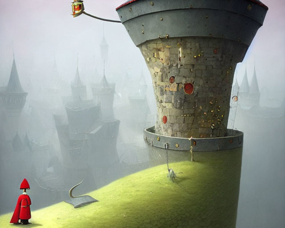 Grey stone turret, figure in red cloak, floating balloon-like structure on grassy hill.