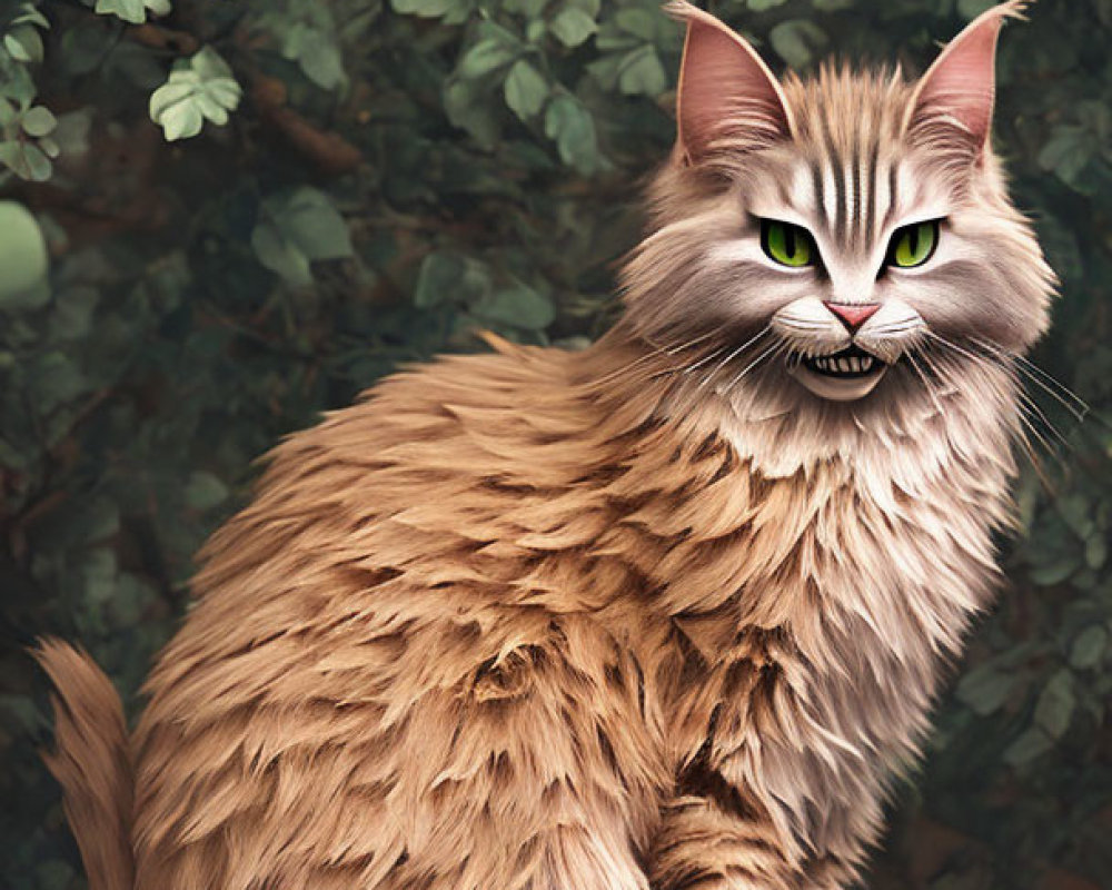 Fluffy Brown Cat with Green Eyes and Braided Tail on Leafy Green Background