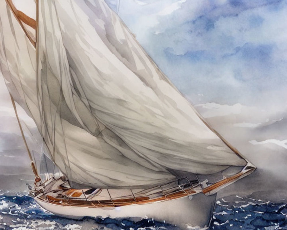 Sailboat Watercolor Painting on Choppy Sea & Dramatic Sky