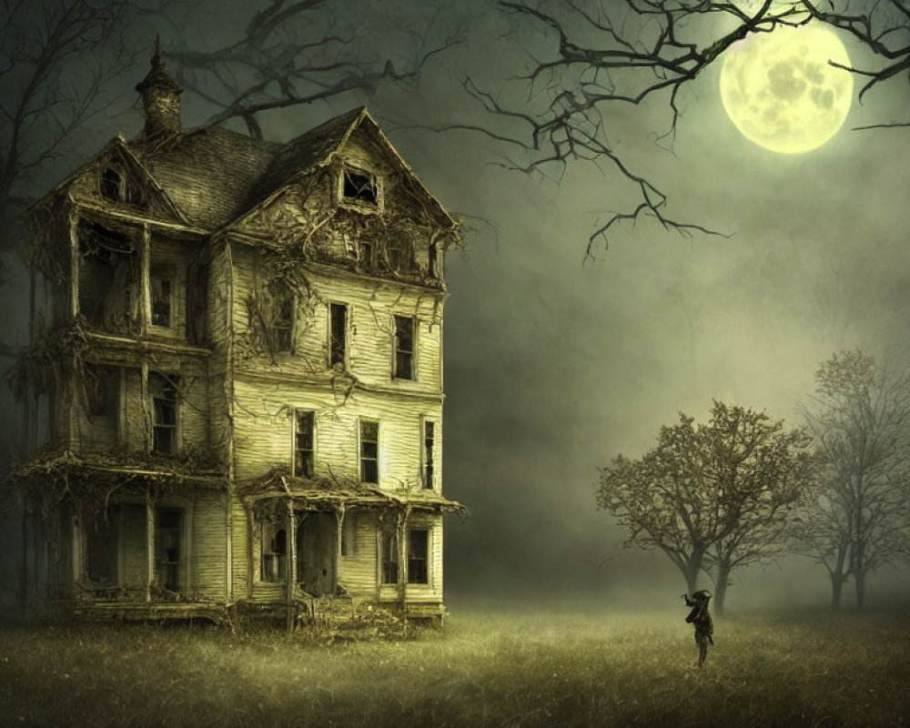 Desolate house under full moon with lone figure in misty field