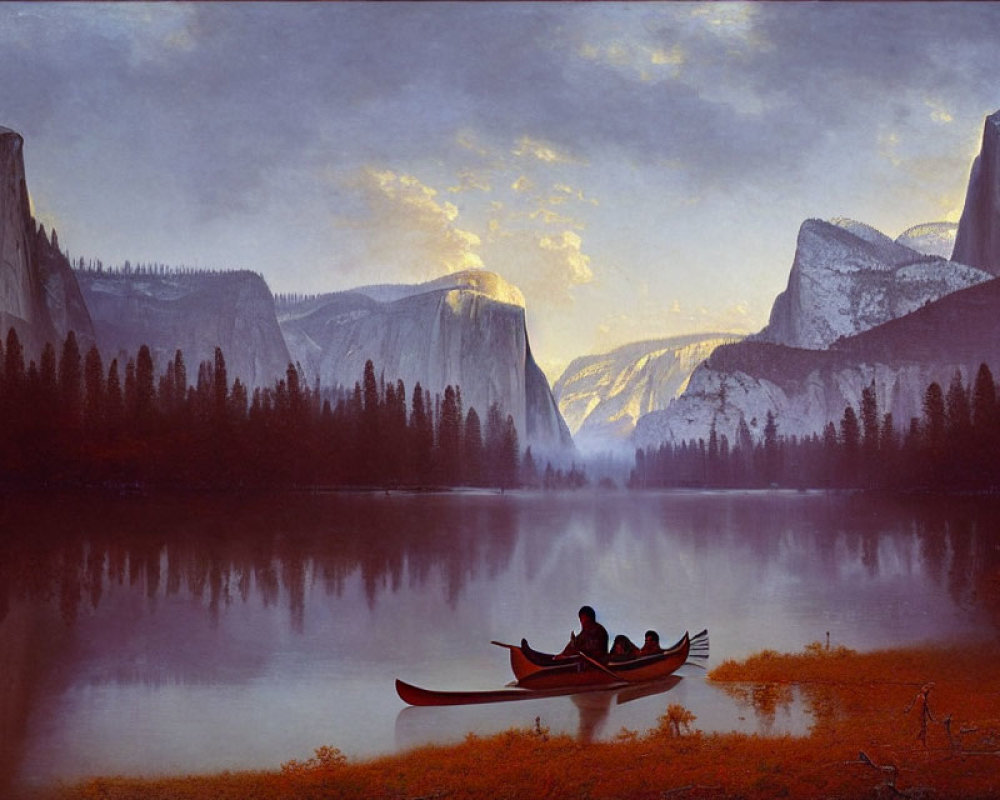 Scenic sunset canoeing on tranquil river with cliffs and forest reflection