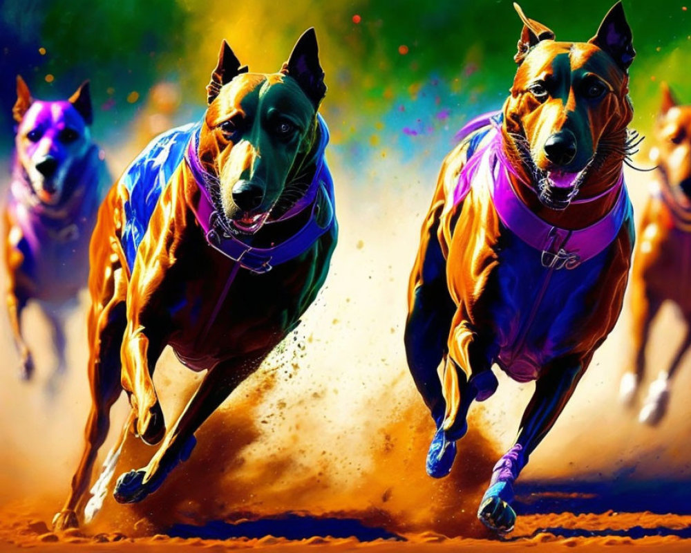 Dynamic Racing Dogs Sprinting on Dusty Track