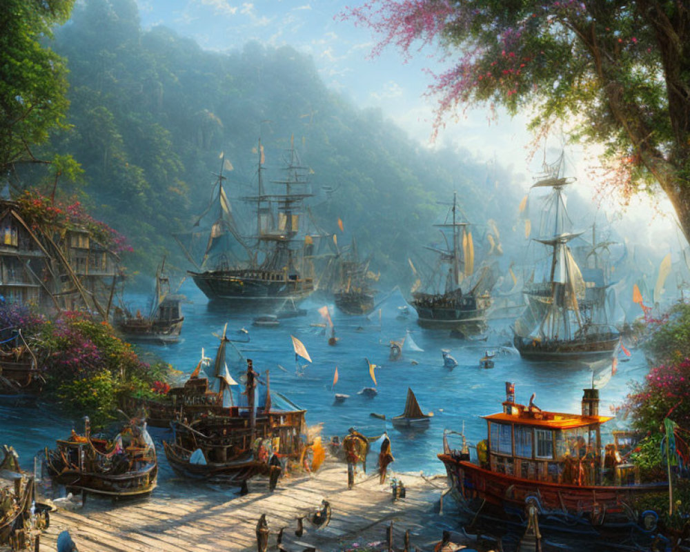 Various sailing ships, steamboat, and people in a vibrant port near a sunlit forest.