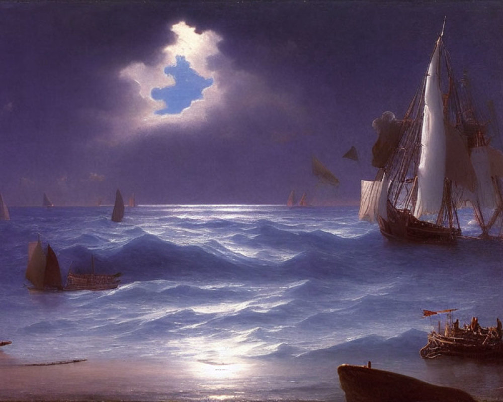 Moonlit Maritime Scene: Sailing Vessels on Turbulent Seas