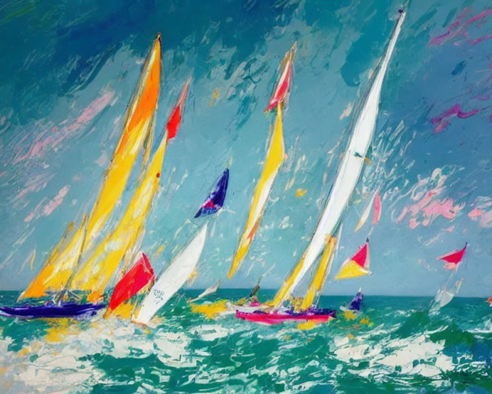 Vibrant sailboat race on dynamic sea with colorful brushstrokes