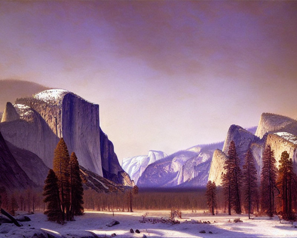 Snow-covered Yosemite Valley mountains with cliffs and evergreen trees at dusk