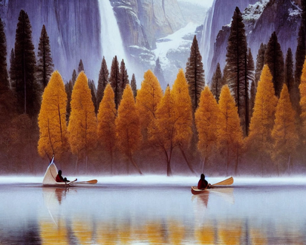 Scenic image of two people canoeing on a calm lake with golden trees and a waterfall.