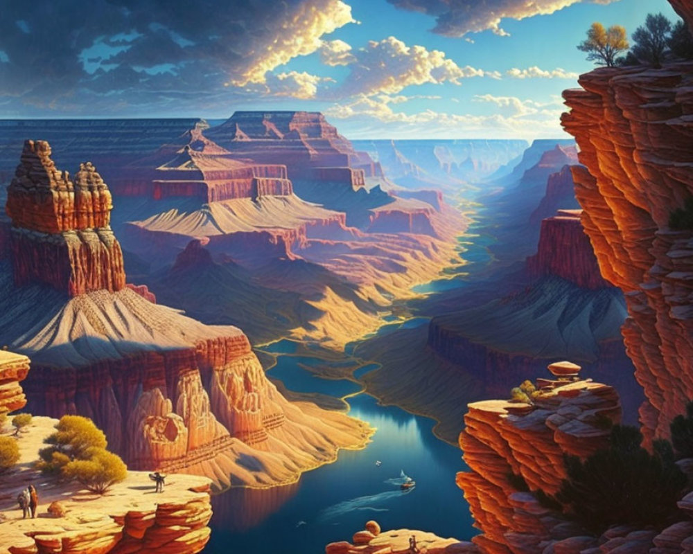 Colorful Grand Canyon painting with intricate rock formations and river under clear blue skies