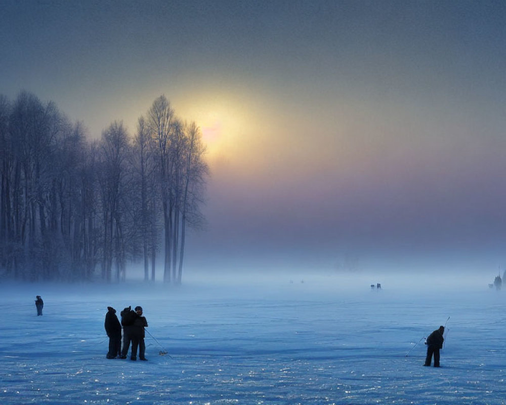 Gathering on misty, ice-covered landscape at sunrise