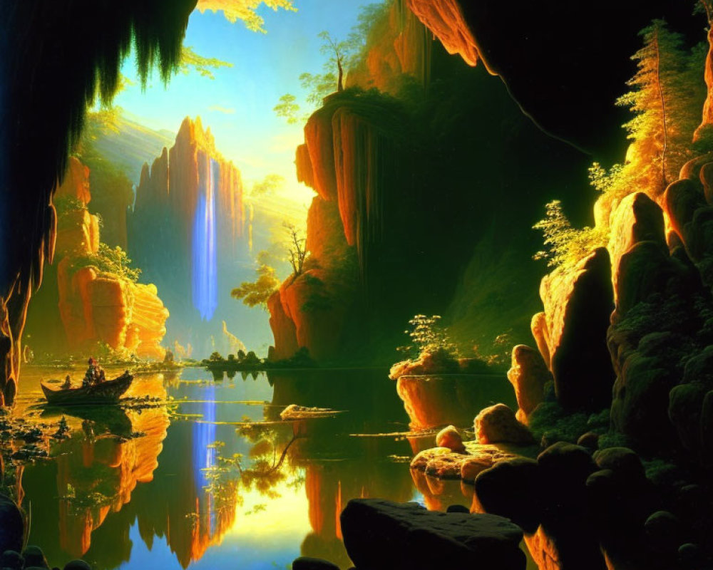 Majestic landscape with glowing rocks, cliffs, river, waterfall & boat