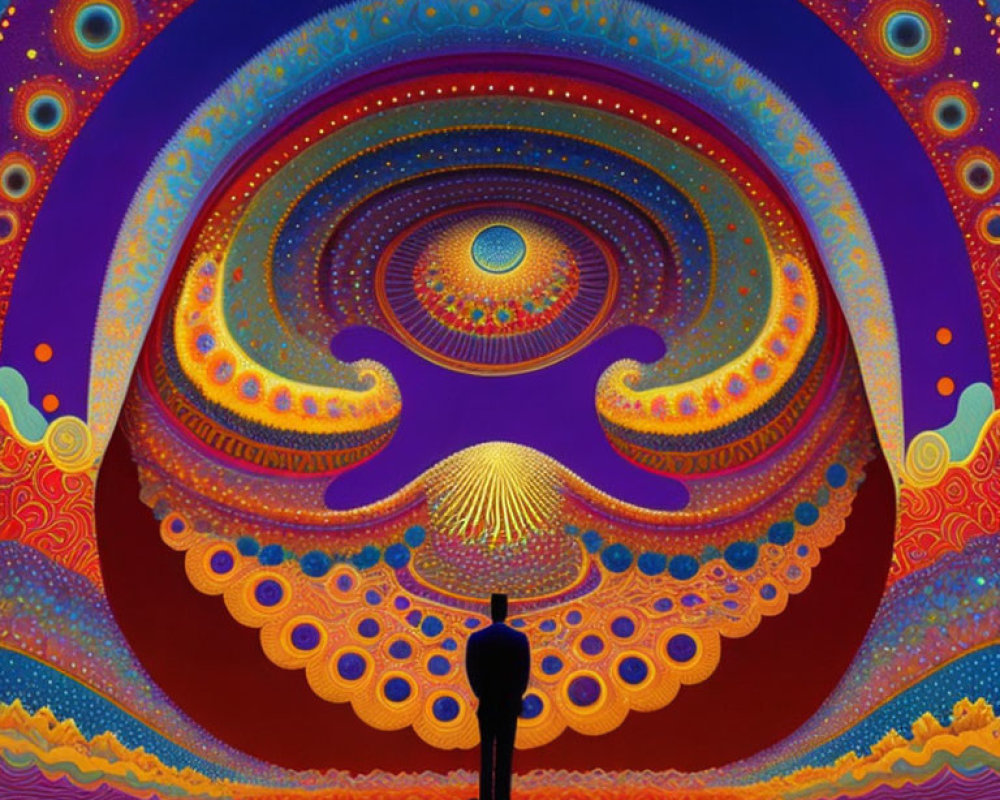 Person's silhouette against vibrant psychedelic swirls and cosmic backdrop