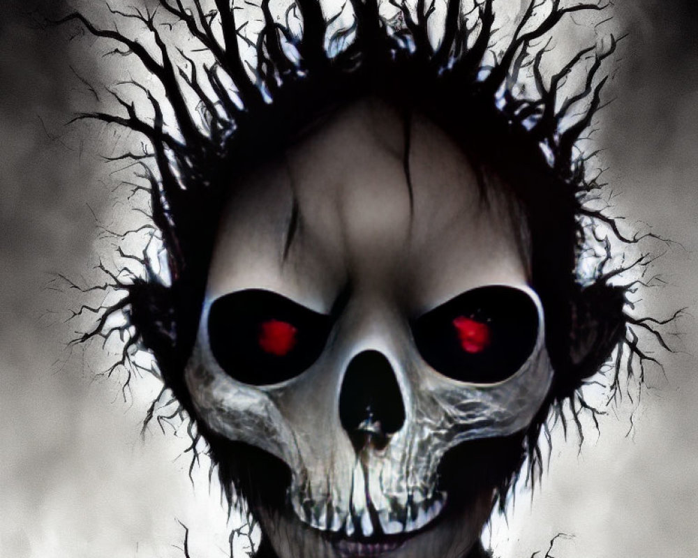 Skull-like face with red glowing eyes and tree branch-like structures