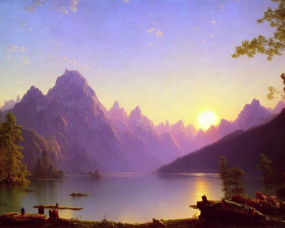 Tranquil lake landscape with rowboat, mountains, sunrise, and figure