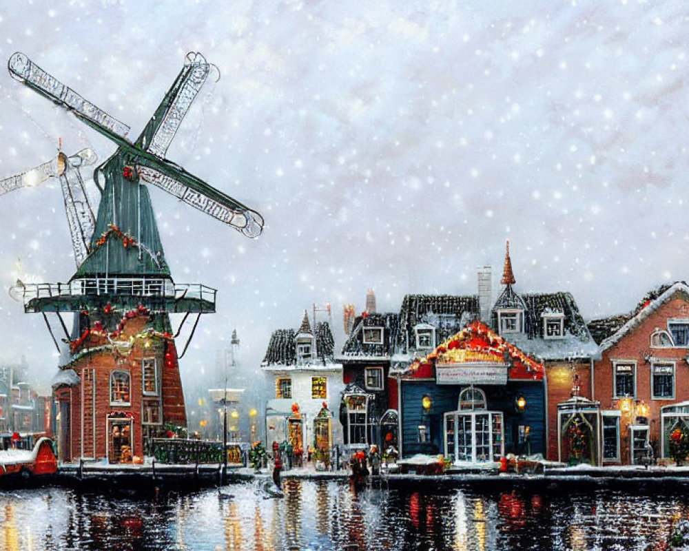 Snow-covered winter village with windmill and canal