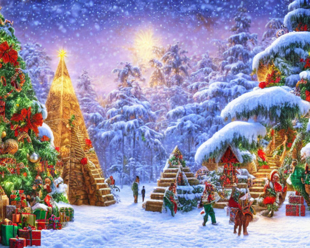 Festive Christmas scene with decorated trees, gifts, and snowy landscape