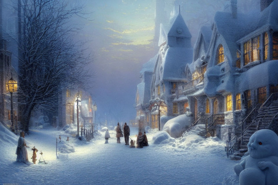 Snowy village at dusk: people walking, child by lamp post, illuminated windows, church, snow