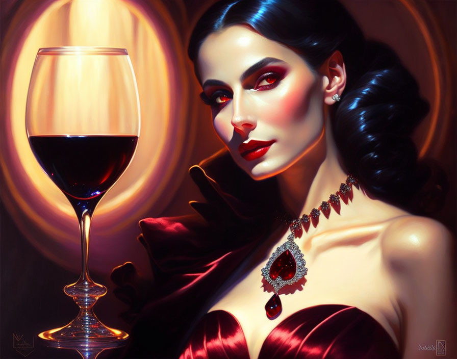 Sophisticated woman in red dress with ruby necklace next to wine glass