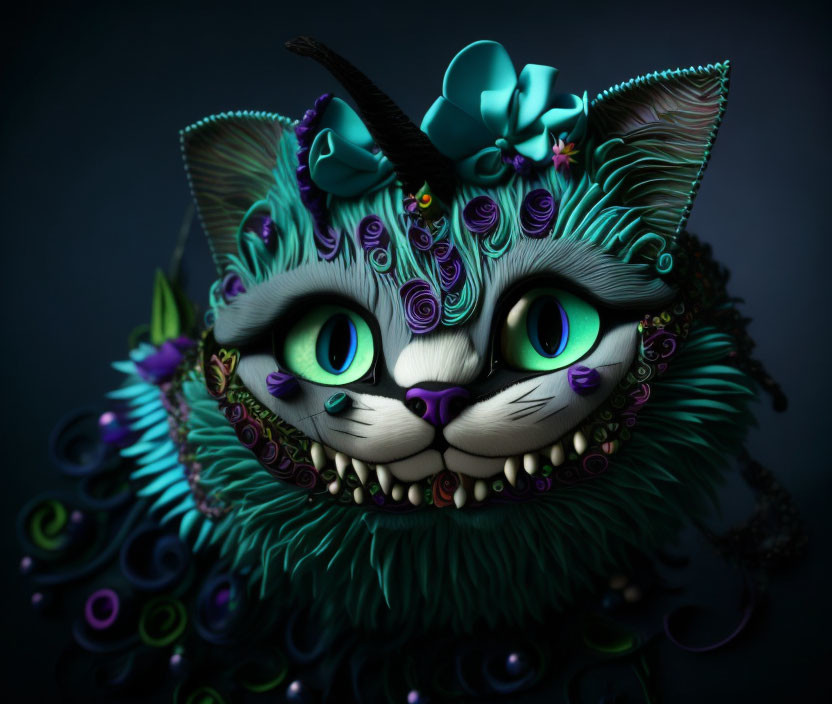 Colorful digital artwork of a cat with green eyes and floral patterns