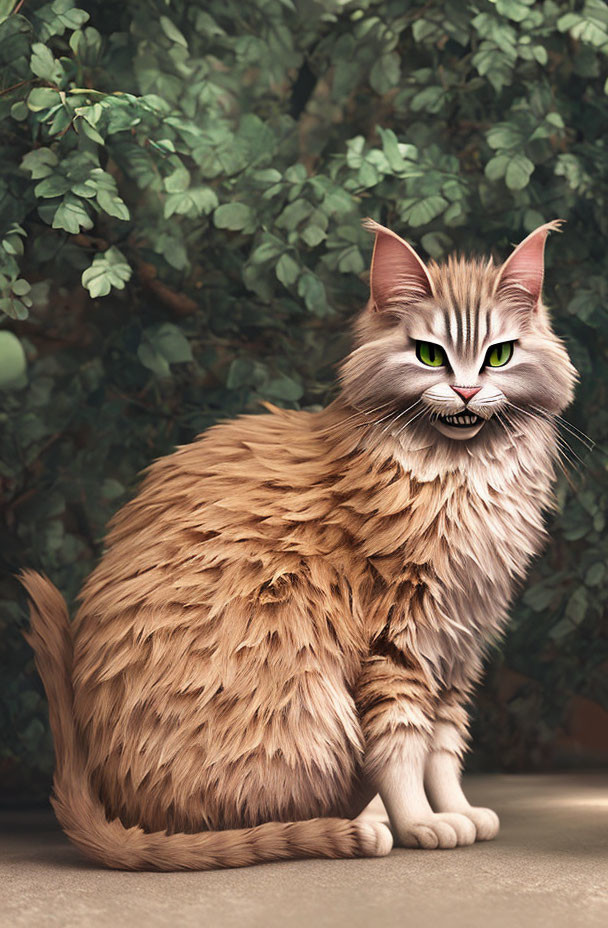 Fluffy Brown Cat with Green Eyes and Braided Tail on Leafy Green Background