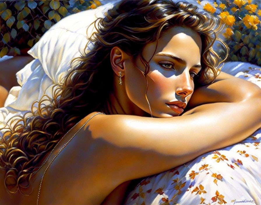 Woman with Curly Hair Resting on Pillow Surrounded by Sunlight and Yellow Flowers