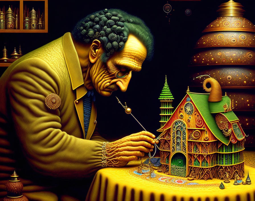 Surreal artwork of person constructing miniature house with exaggerated features