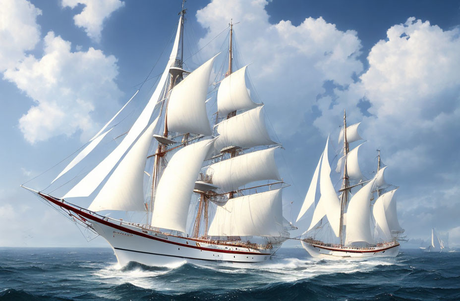 Majestic tall ships with white sails on choppy blue ocean