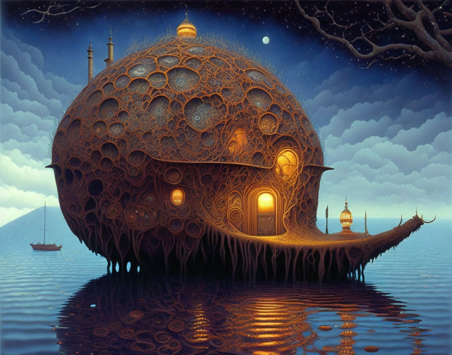 Ornate spherical building floating on water at night