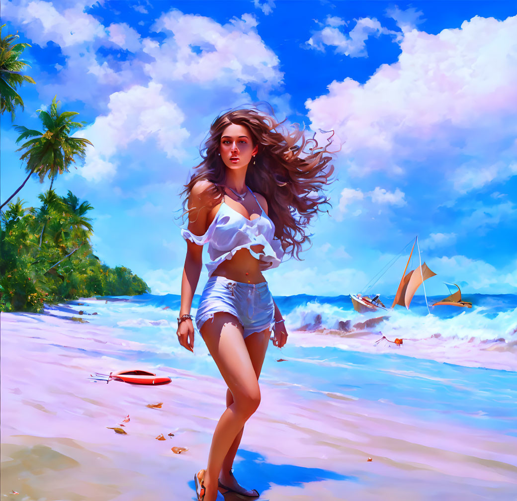 Woman with flowing hair strolling on sunny beach with palm trees and sailboat in the distance