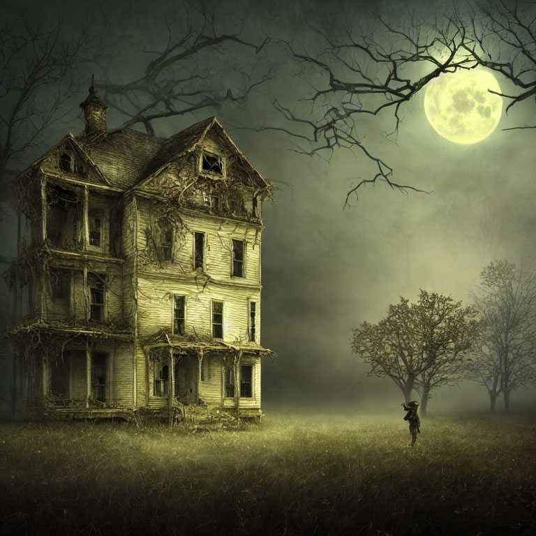 Desolate house under full moon with lone figure in misty field