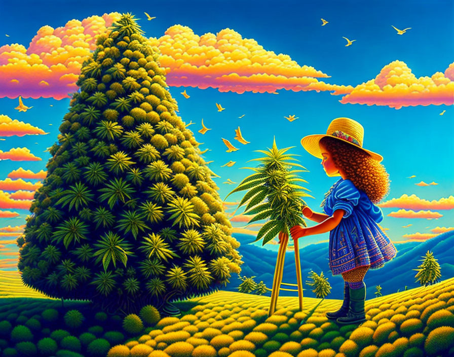 Colorful illustration: Girl in hat and blue dress admiring towering tree under orange sky.