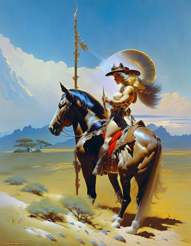 Armored knight on black horse in desert landscape with rock spire