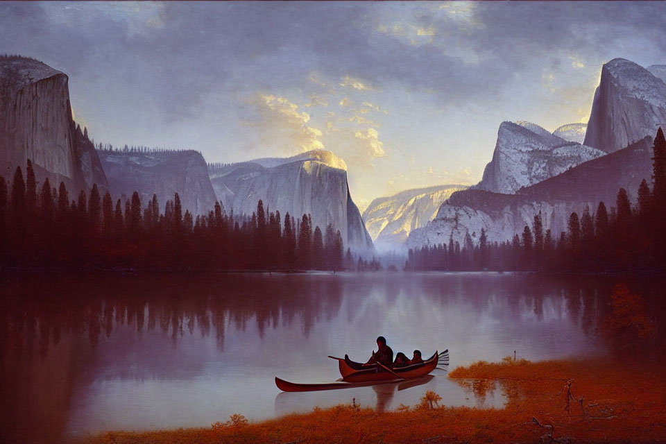 Scenic sunset canoeing on tranquil river with cliffs and forest reflection