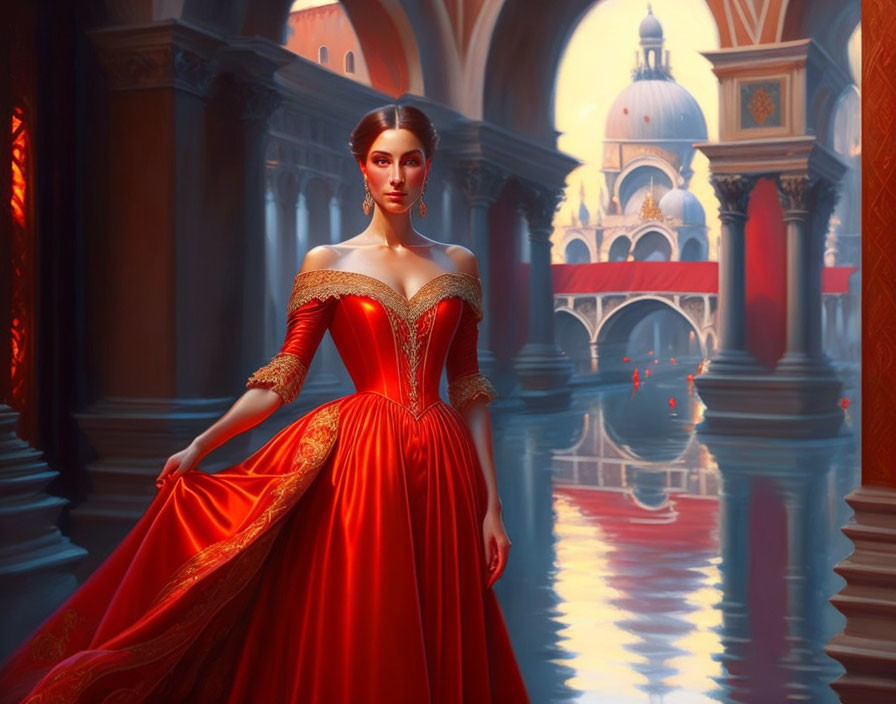 Woman in Red Dress in Venetian Palace Corridor with Arches and Waterway