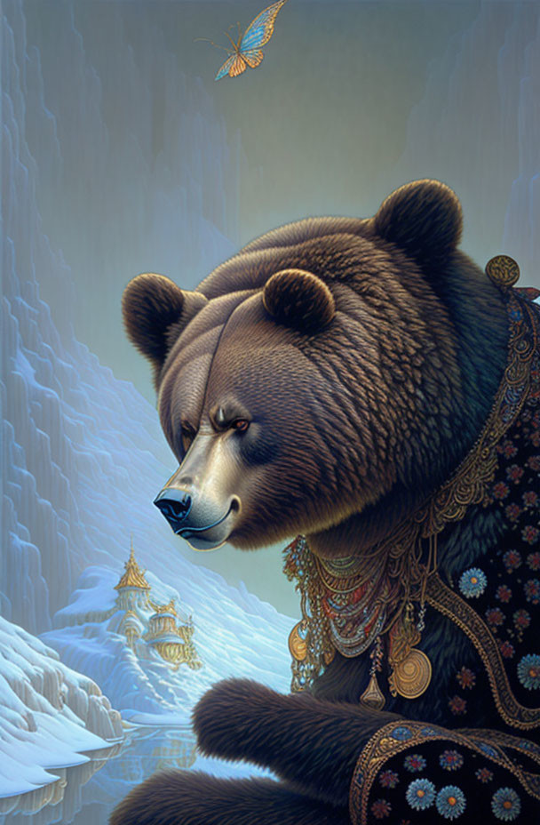 Detailed bear illustration in snowy landscape with butterfly and ethereal buildings