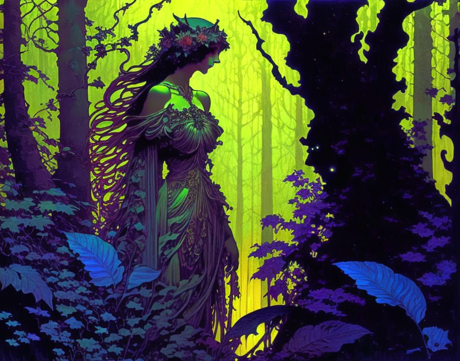 Illustration of woman in floral crown in vibrant forest