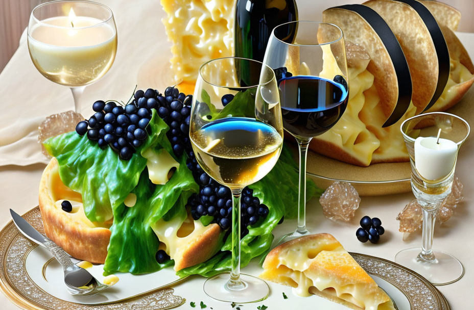 Elegant cheese and wine spread with grapes, candles, and glasses on table.