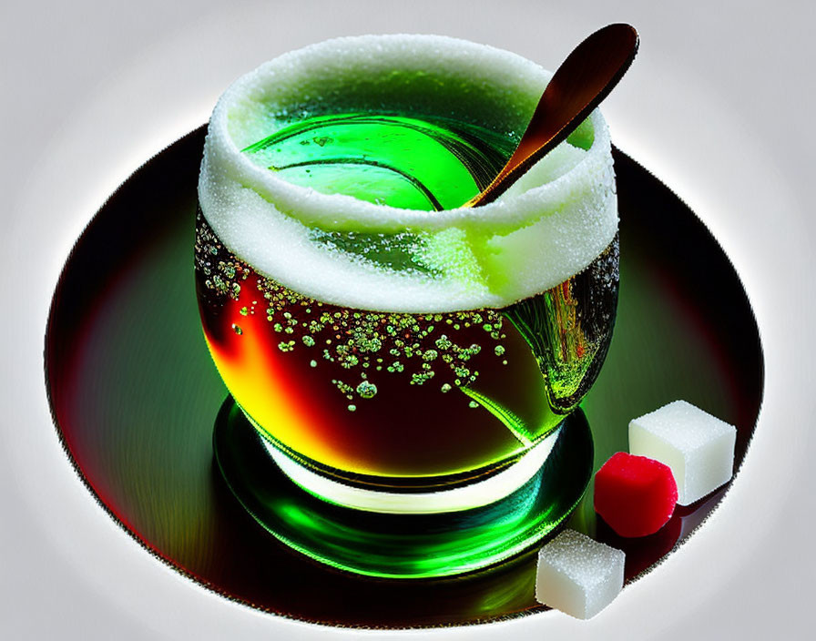 Green tea cup with frothy bubbles, spoon, and sugar cubes on dark reflection