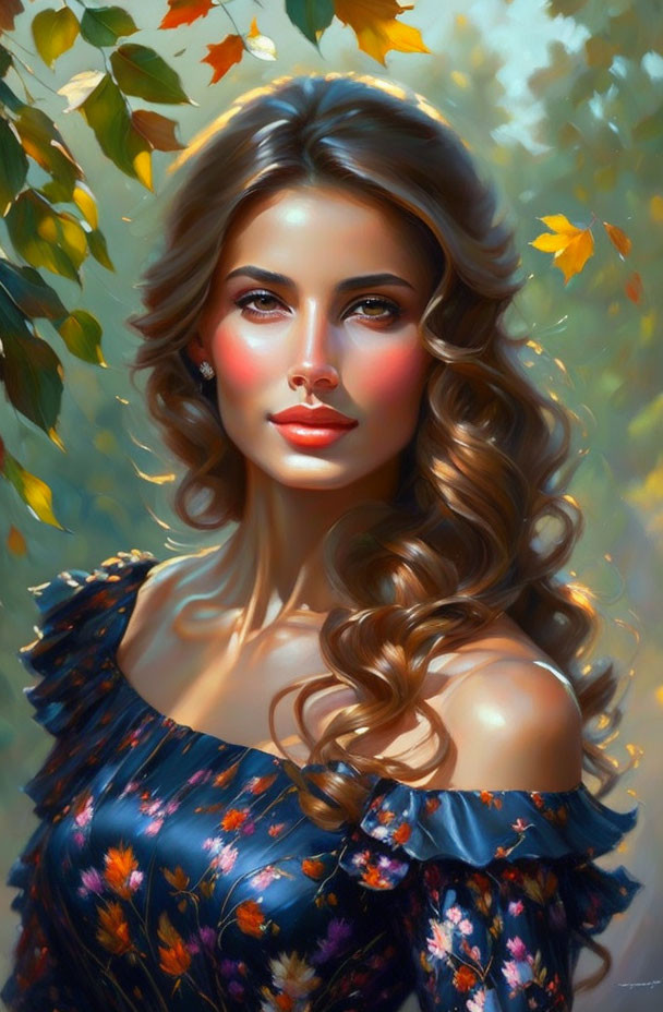 Digital painting of woman with wavy hair in floral dress against autumn foliage.